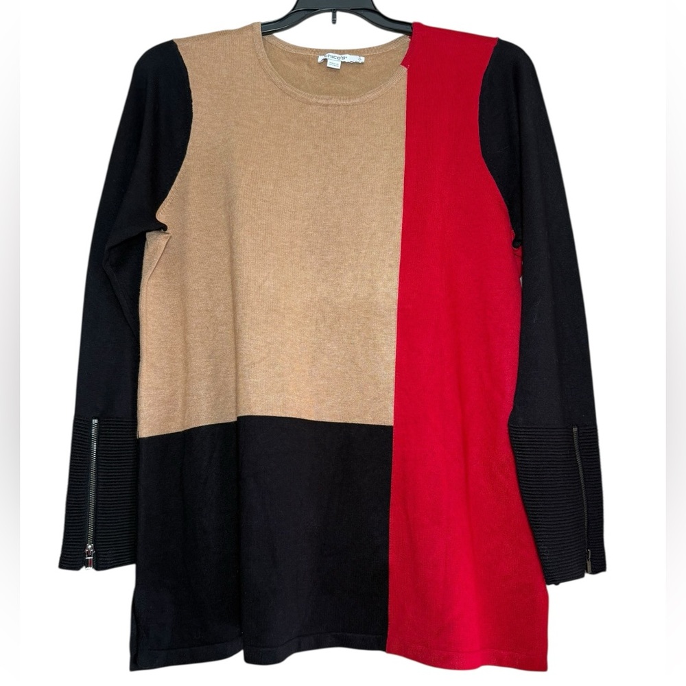 NWT Chico’s red tan black color block zipper sleeve sweater size large